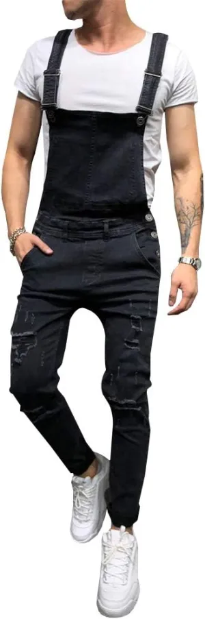 LONGBIDA Men's Denim Bib Overalls Fashion Slim Fit Jumpsuit with Pockets