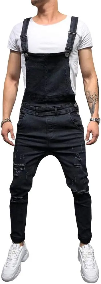 LONGBIDA Men's Denim Bib Overalls Fashion Slim Fit Jumpsuit with Pockets