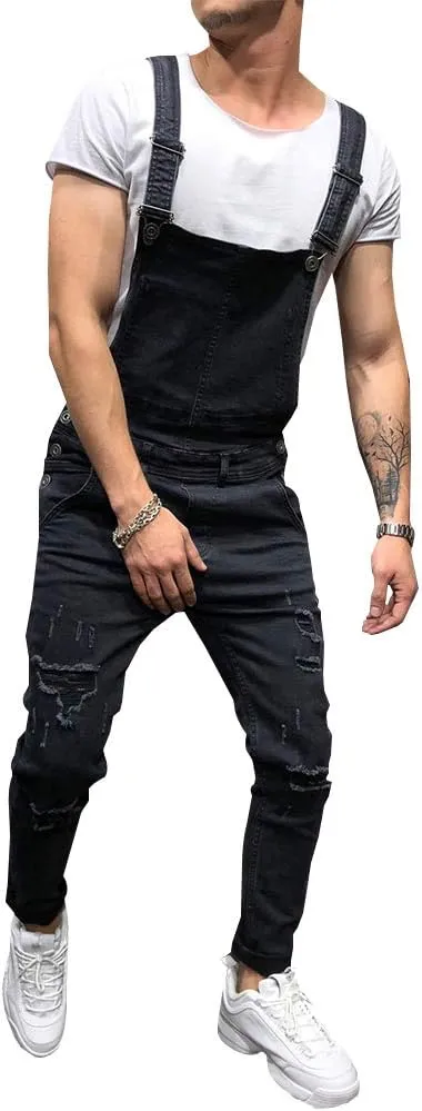 LONGBIDA Men's Denim Bib Overalls Fashion Slim Fit Jumpsuit with Pockets
