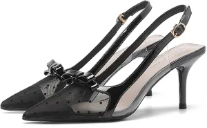 Lossarye Women's Bow Slingback Stilettos Closed Pointed Toe Mesh Breathable Ankle Strap High Heels Dress Pumps