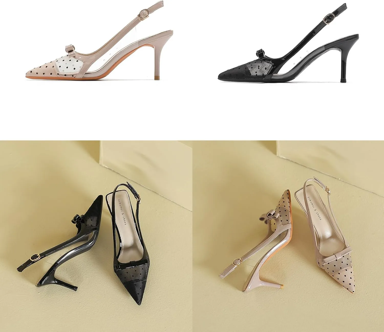 Lossarye Women's Bow Slingback Stilettos Closed Pointed Toe Mesh Breathable Ankle Strap High Heels Dress Pumps