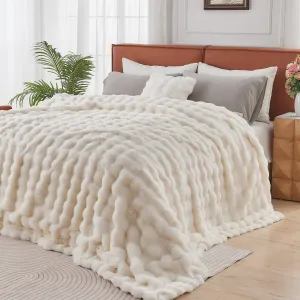 Lotus Karen Queen Size Faux Fur Blanket - Cream White Big Bubble Rabbit Fluff, 90x90 Inches