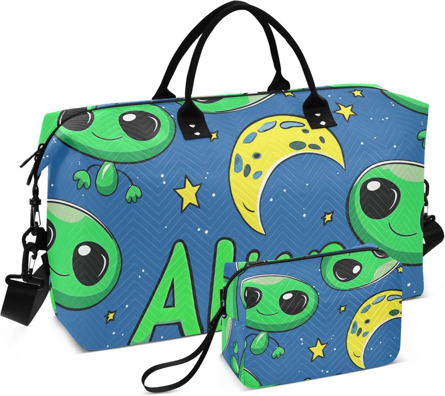 Lovely Aliens Moon Travel Duffel Bag with Toiletry Bag Personalized Weekender Bag for Trips Sports Business Large Gym Carry On Bag for Women & Men