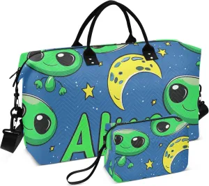 Lovely Aliens Moon Travel Duffel Bag with Toiletry Bag Personalized Weekender Bag for Trips Sports Business Large Gym Carry On Bag for Women & Men