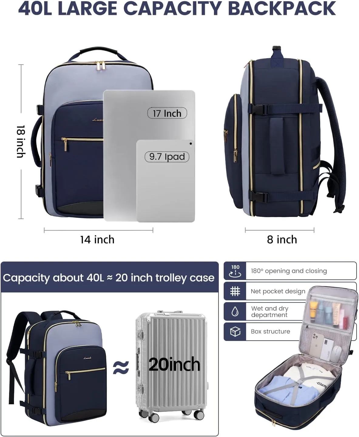 LOVEVOOK 40L Travel Backpack for Women & Men, Large Carry on Backpack for Airplanes with 3 Packing Cubes, TSA Personal Item Travel Bag fits 17" Laptop, Waterproof Weekender Essentials Airline Approved