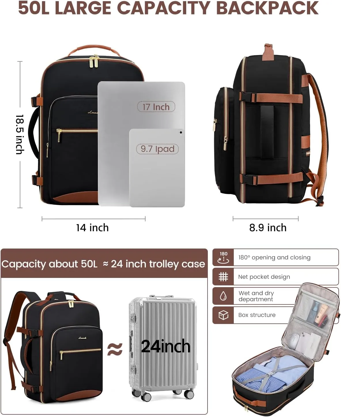 LOVEVOOK 50L Carry on Backpack for Women & Men with 3 Packing Cubes, Large Travel Backpack for Airplanes, TSA Personal Item Travel Bag with Laptop Pocket, Travels Essentials Airline Approved