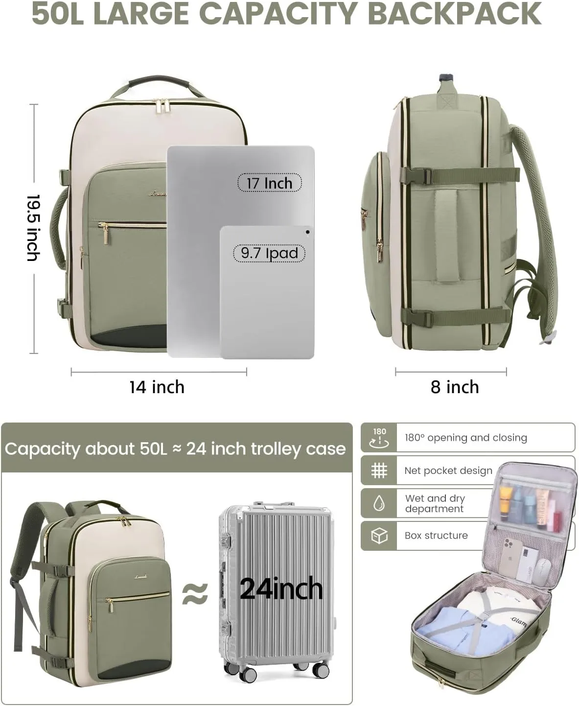 LOVEVOOK 50L Carry on Backpack for Women & Men with 3 Packing Cubes, Large Travel Backpack for Airplanes, TSA Personal Item Travel Bag with Laptop Pocket, Weekender Essentials Airline Approved