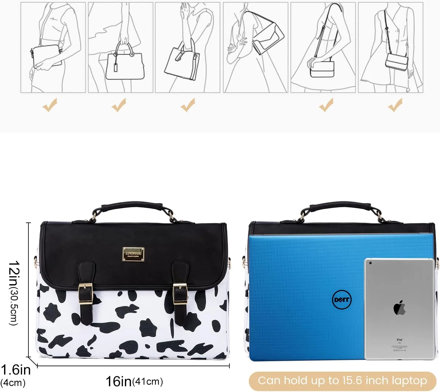 LOVEVOOK Computer Bag Laptop Bag for Women Cute Laptop Messenger Bag for Work College, COW