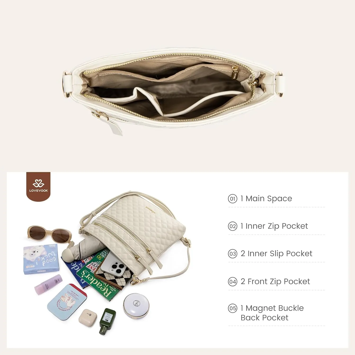 LOVEVOOK Crossbody Purses for Women, Multi Pocket Casual Crossbody Bag, Medium Shoulder Bag Vegan Leather Handbags