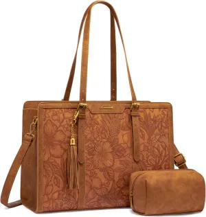LOVEVOOK Laptop Bag for Women Vintage Leather Laptop Tote 15.6 inch Large Capacity Computer bag with Clutch Purse for Work