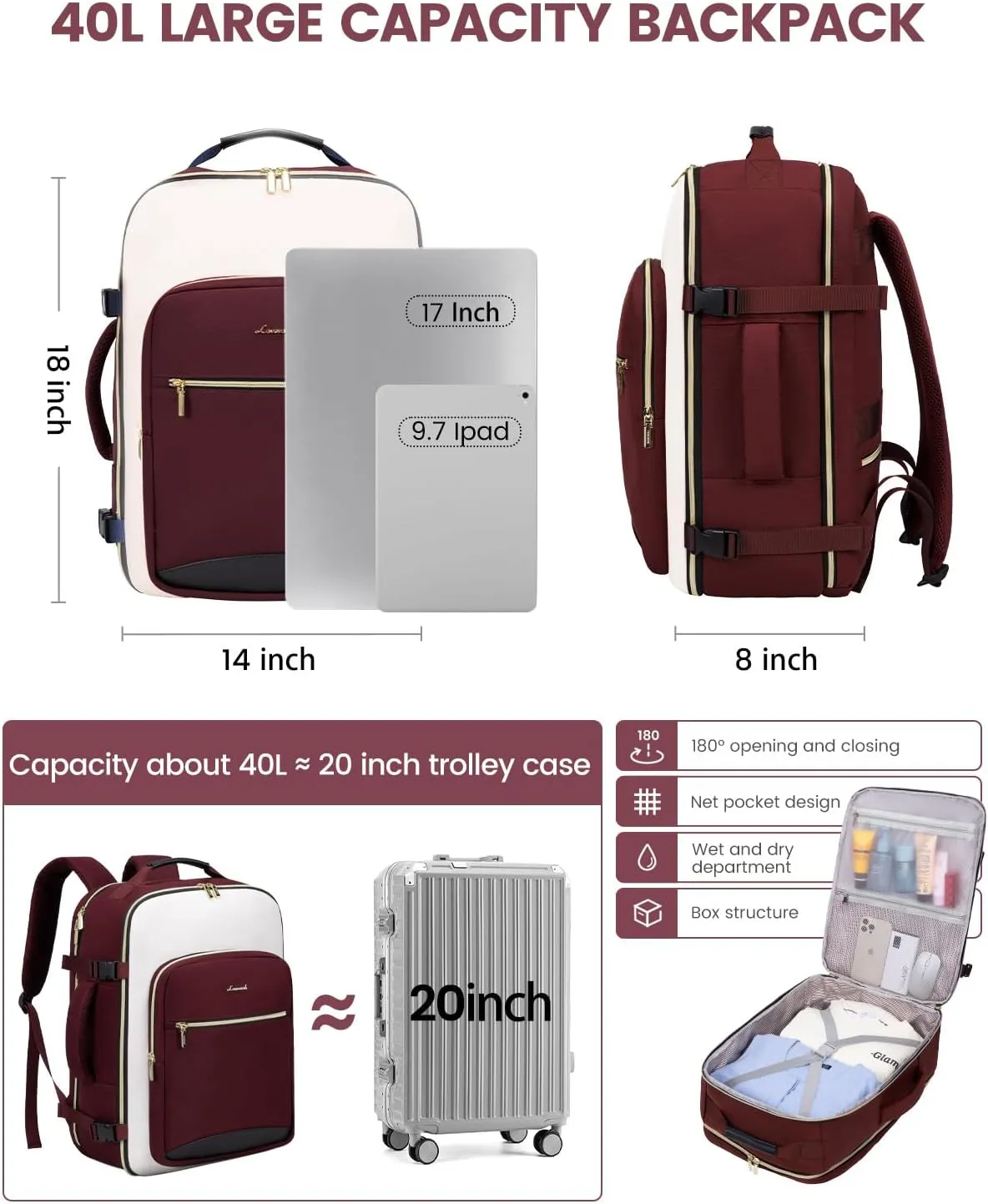 LOVEVOOK Large Travel Backpack for Women & Men, 40L Carry on Backpack for Airplanes, TSA Personal Item Travel Bag fits 17" Laptop, Waterproof Travel Essentials Airline Approved with 3 Packing Cubes
