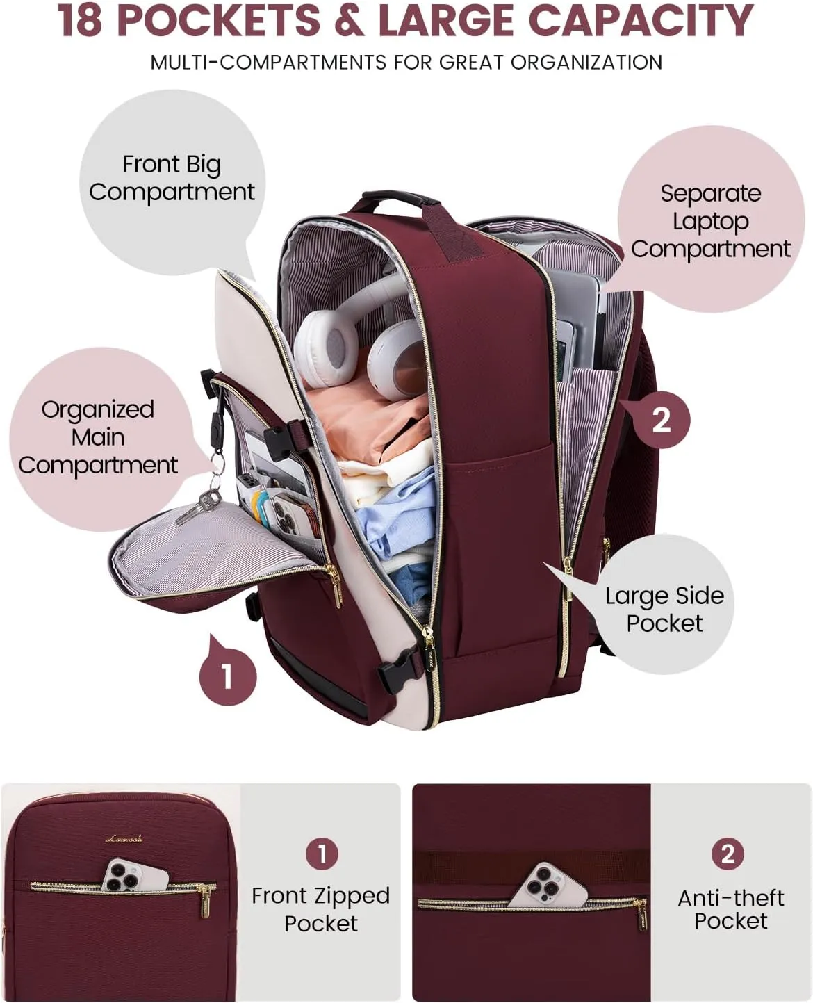 LOVEVOOK Large Travel Backpack for Women & Men, 40L Carry on Backpack for Airplanes, TSA Personal Item Travel Bag fits 17" Laptop, Waterproof Travel Essentials Airline Approved with 3 Packing Cubes