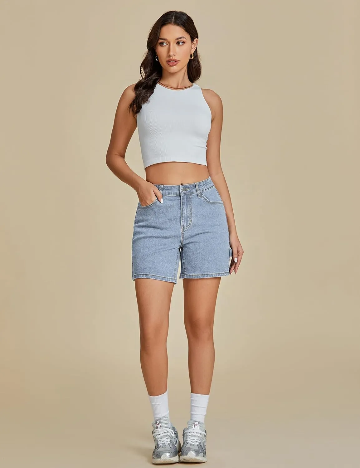luvamia Jean Shorts for Women High Waisted Trendy Casual Utility Stretchy Denim Jorts Cutoff Long Shorts with Pockets