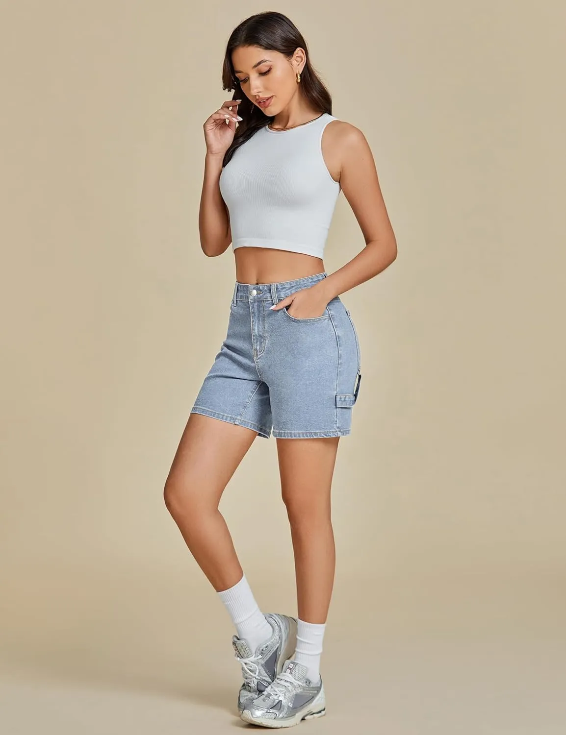 luvamia Jean Shorts for Women High Waisted Trendy Casual Utility Stretchy Denim Jorts Cutoff Long Shorts with Pockets