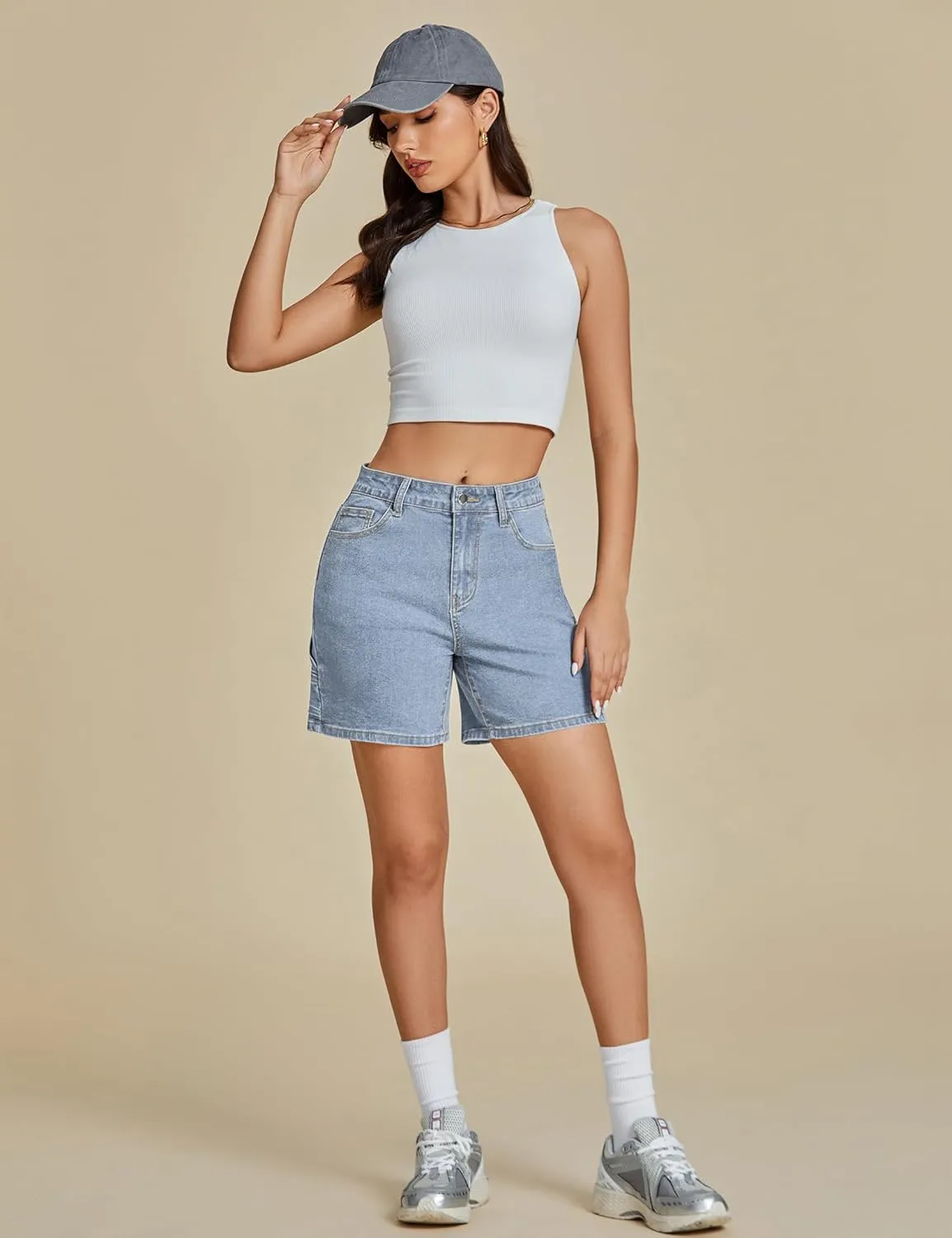 luvamia Jean Shorts for Women High Waisted Trendy Casual Utility Stretchy Denim Jorts Cutoff Long Shorts with Pockets
