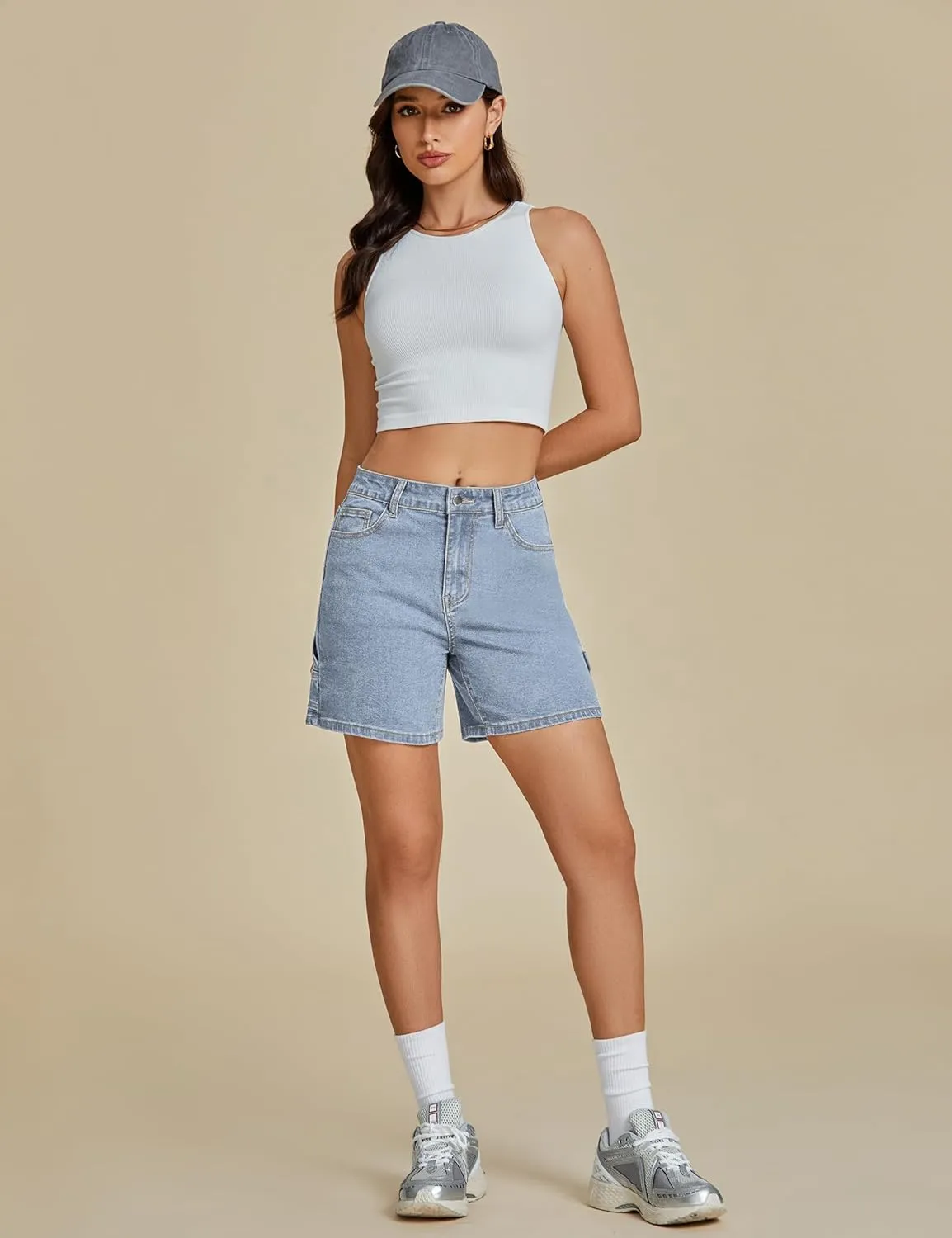 luvamia Jean Shorts for Women High Waisted Trendy Casual Utility Stretchy Denim Jorts Cutoff Long Shorts with Pockets