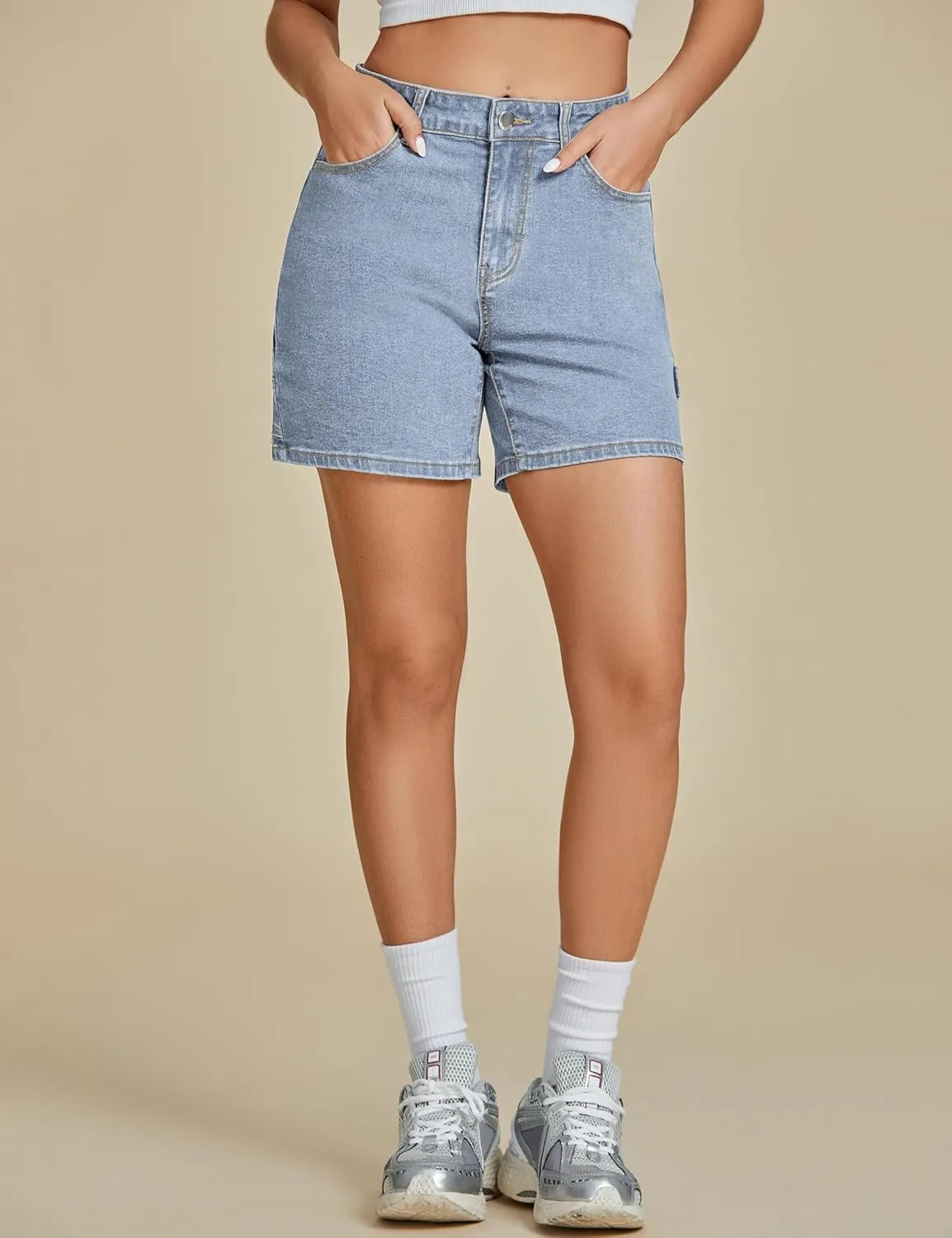 luvamia Jean Shorts for Women High Waisted Trendy Casual Utility Stretchy Denim Jorts Cutoff Long Shorts with Pockets