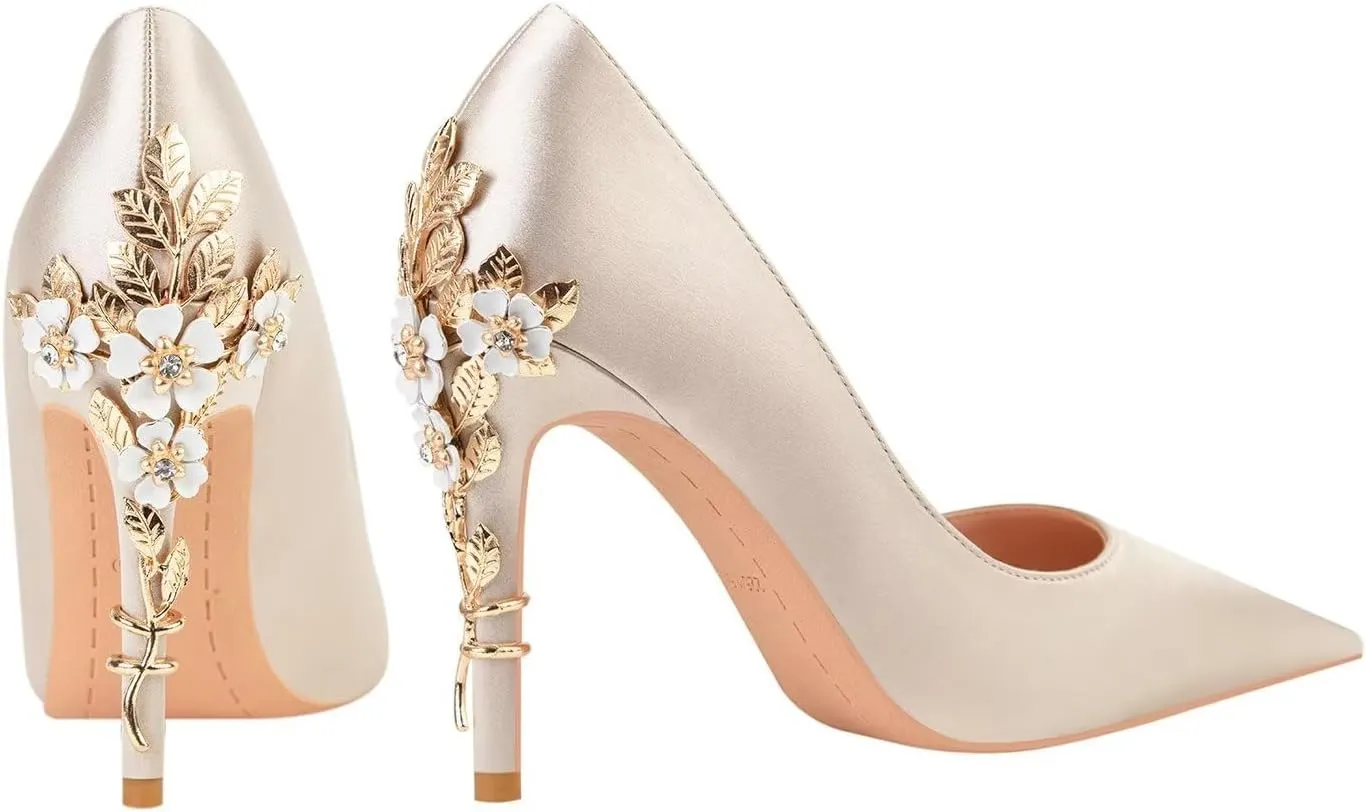 LUXINYU Women Pointed Toe Heels Elegant Satin Stiletto Fashion Metal Flower Rhinestone Wedding Dress Shoes Ladies Evening Party Pumps
