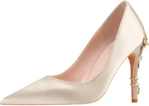 LUXINYU Women Pointed Toe Heels Elegant Satin Stiletto Fashion Metal Flower Rhinestone Wedding Dress Shoes Ladies Evening Party Pumps