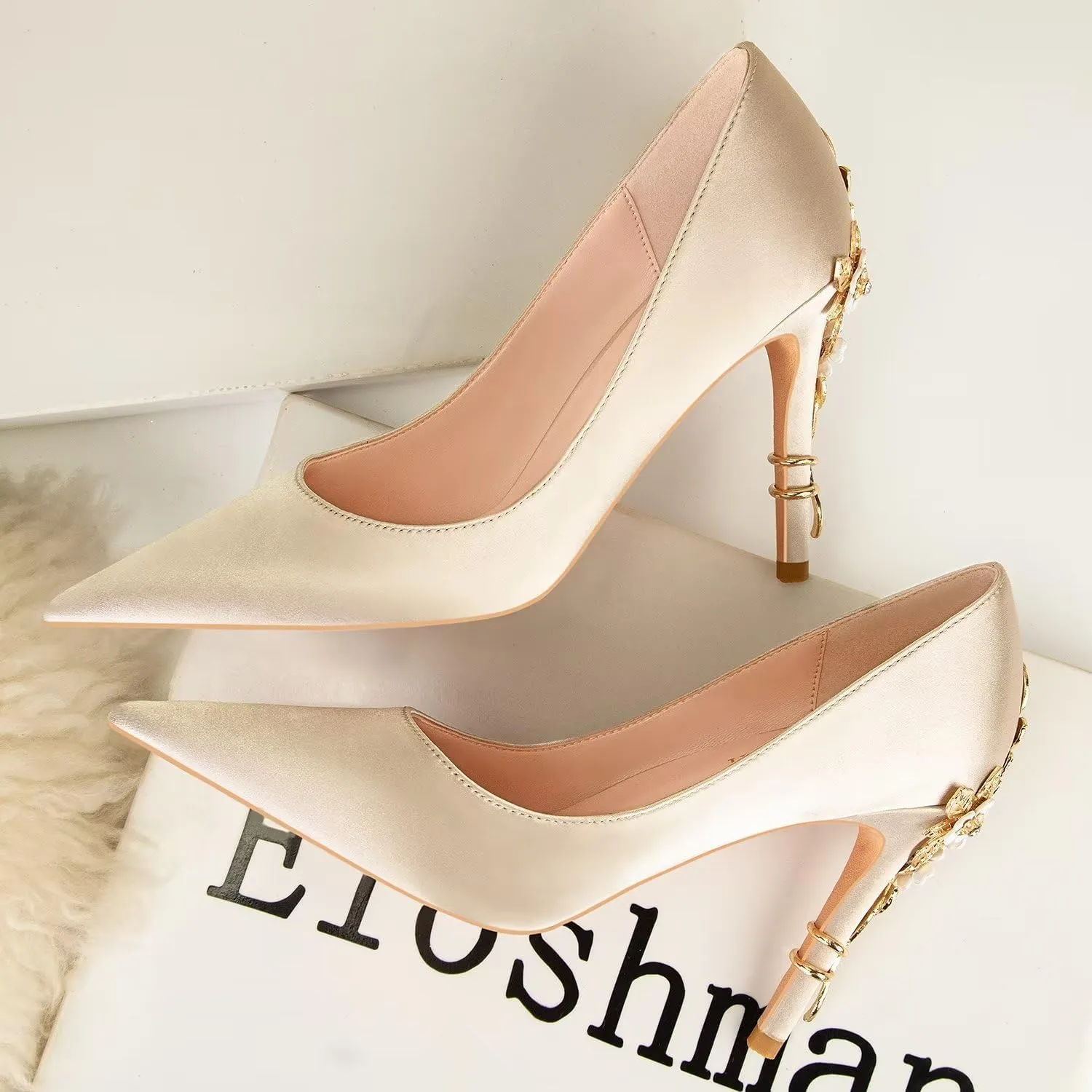 LUXINYU Women Pointed Toe Heels Elegant Satin Stiletto Fashion Metal Flower Rhinestone Wedding Dress Shoes Ladies Evening Party Pumps