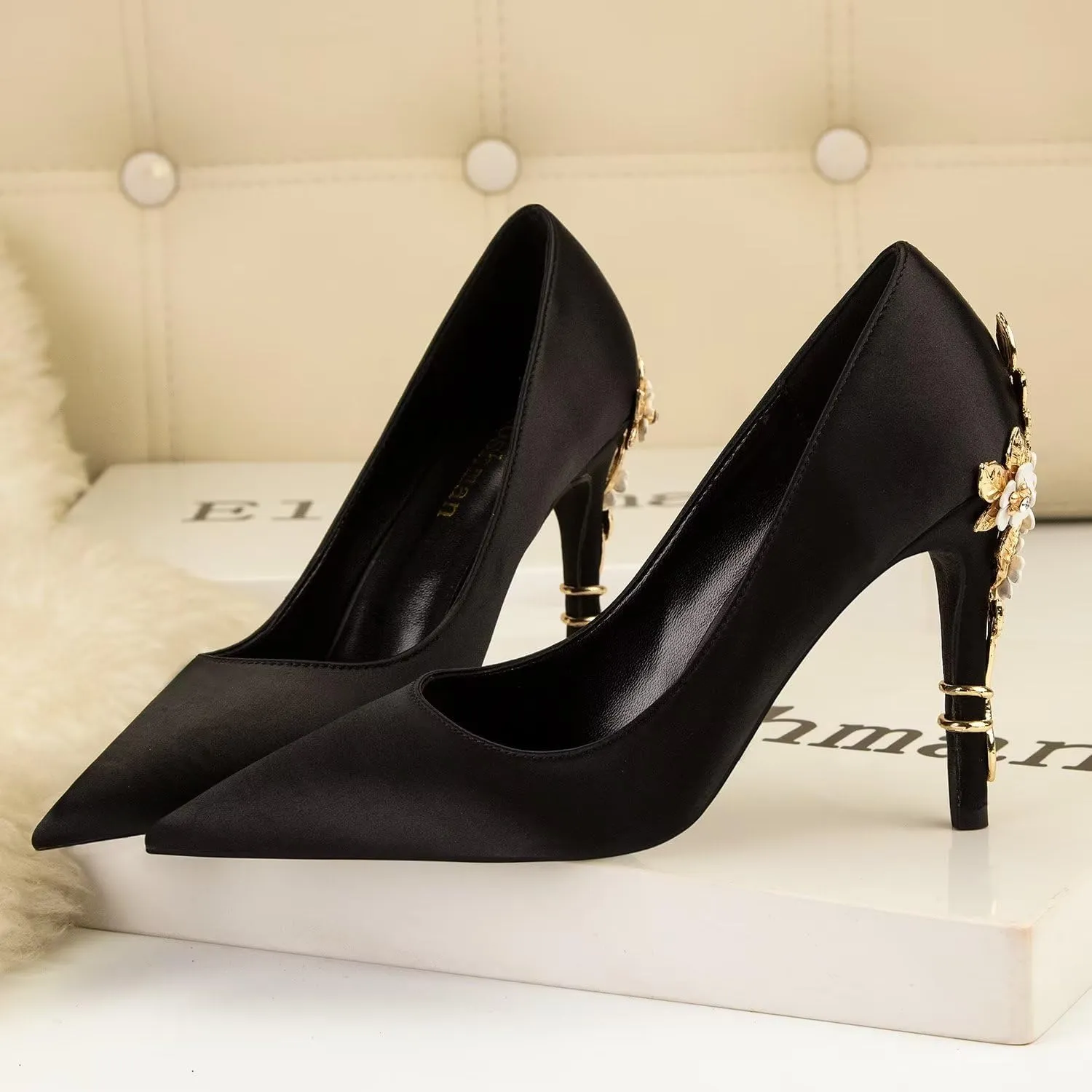 LUXINYU Women Pointed Toe Heels Elegant Satin Stiletto Fashion Metal Flower Rhinestone Wedding Dress Shoes Ladies Evening Party Pumps