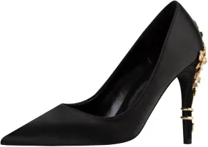LUXINYU Women Pointed Toe Heels Elegant Satin Stiletto Fashion Metal Flower Rhinestone Wedding Dress Shoes Ladies Evening Party Pumps