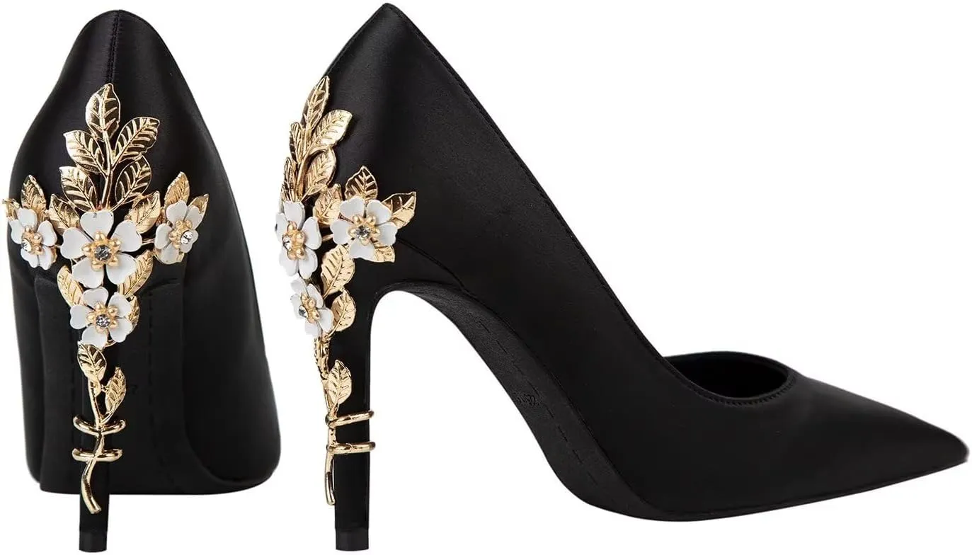 LUXINYU Women Pointed Toe Heels Elegant Satin Stiletto Fashion Metal Flower Rhinestone Wedding Dress Shoes Ladies Evening Party Pumps
