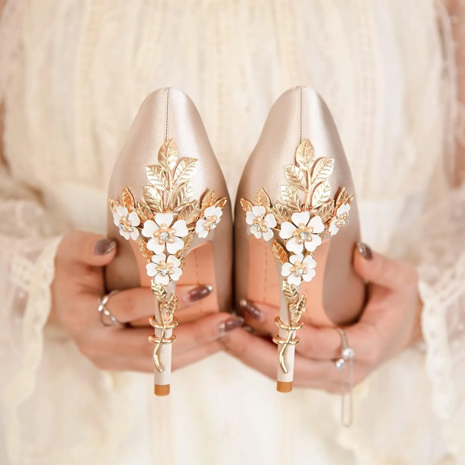 LUXINYU Women Pointed Toe Heels Elegant Satin Stiletto Fashion Metal Flower Rhinestone Wedding Dress Shoes Ladies Evening Party Pumps