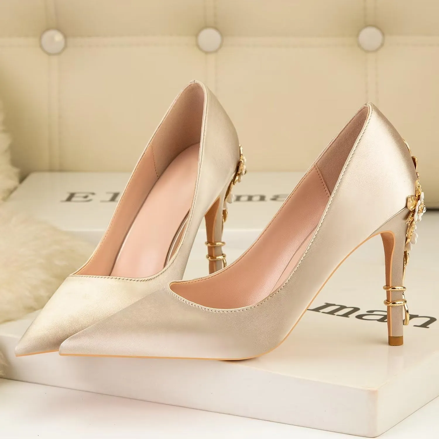 LUXINYU Women Pointed Toe Heels Elegant Satin Stiletto Fashion Metal Flower Rhinestone Wedding Dress Shoes Ladies Evening Party Pumps