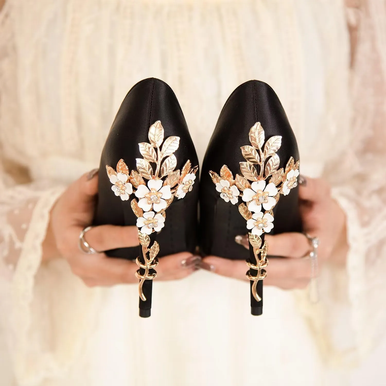 LUXINYU Women Pointed Toe Heels Elegant Satin Stiletto Fashion Metal Flower Rhinestone Wedding Dress Shoes Ladies Evening Party Pumps