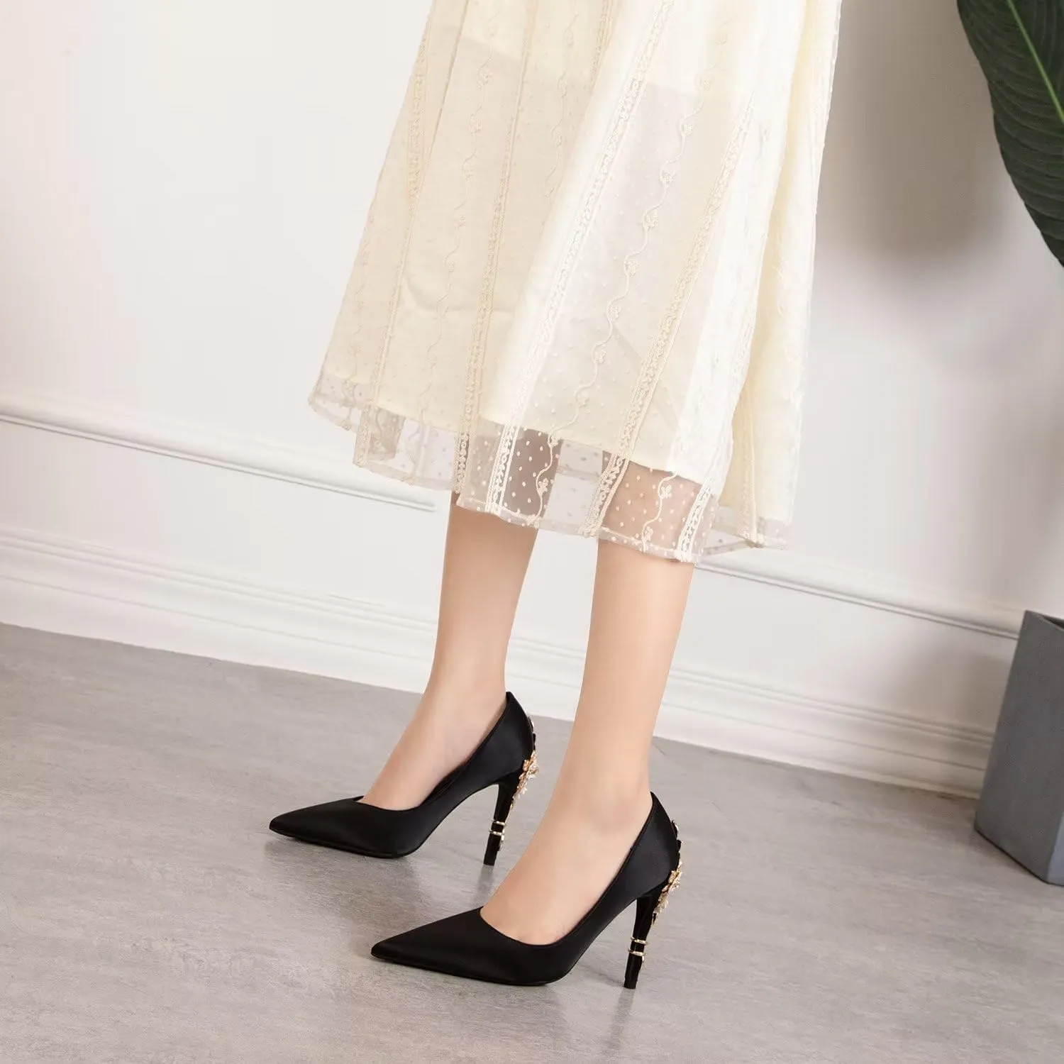 LUXINYU Women Pointed Toe Heels Elegant Satin Stiletto Fashion Metal Flower Rhinestone Wedding Dress Shoes Ladies Evening Party Pumps
