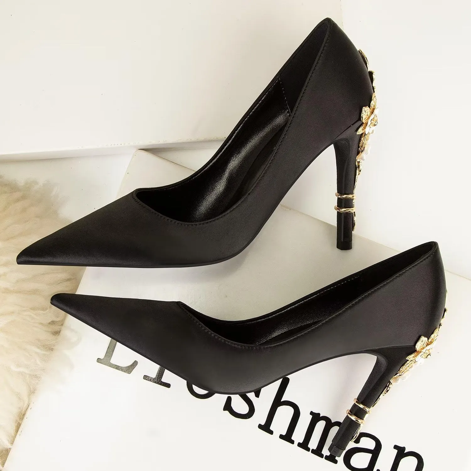 LUXINYU Women Pointed Toe Heels Elegant Satin Stiletto Fashion Metal Flower Rhinestone Wedding Dress Shoes Ladies Evening Party Pumps