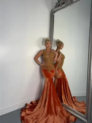 Luxury Orange Prom Dresses Velvet O-Neck Elegant Birthday Party Dress For Blackgirls 2025 Evening Party Dress Customized