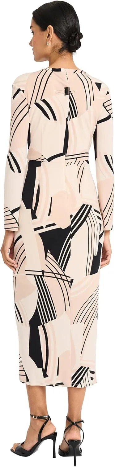 Maggy London Women's Long Sleeve High Neck Midi Asymmetrical Hem with Side Slit-Evening Formal Dress