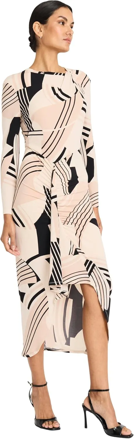 Maggy London Women's Long Sleeve High Neck Midi Asymmetrical Hem with Side Slit-Evening Formal Dress
