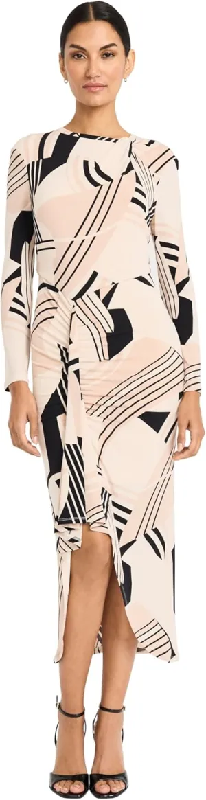 Maggy London Women's Long Sleeve High Neck Midi Asymmetrical Hem with Side Slit-Evening Formal Dress