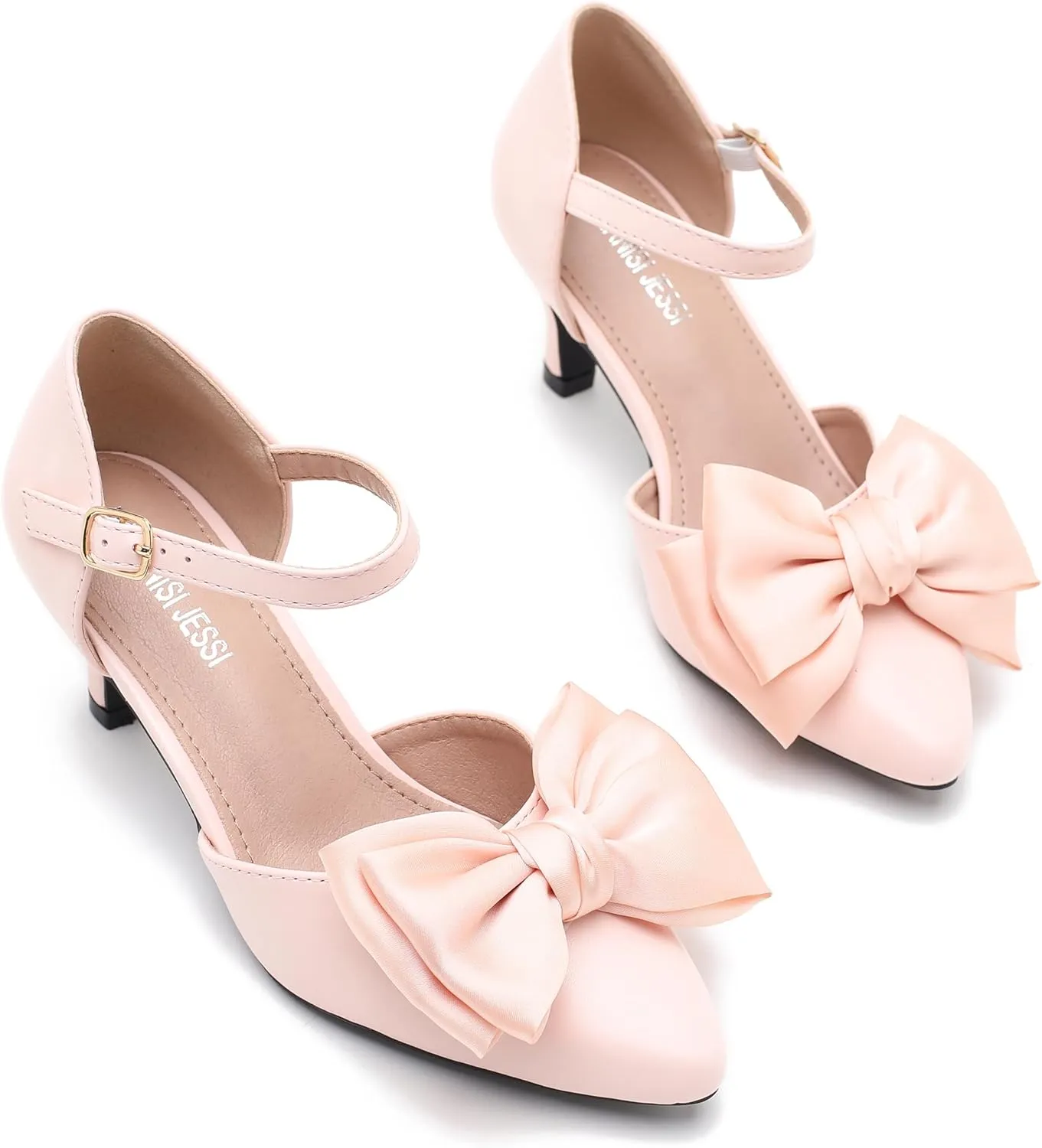 MAIERNISI JESSI Women's Bow Heels Closed Toe Kitten Heel Ankle Strap Dressy Wedding Pumps