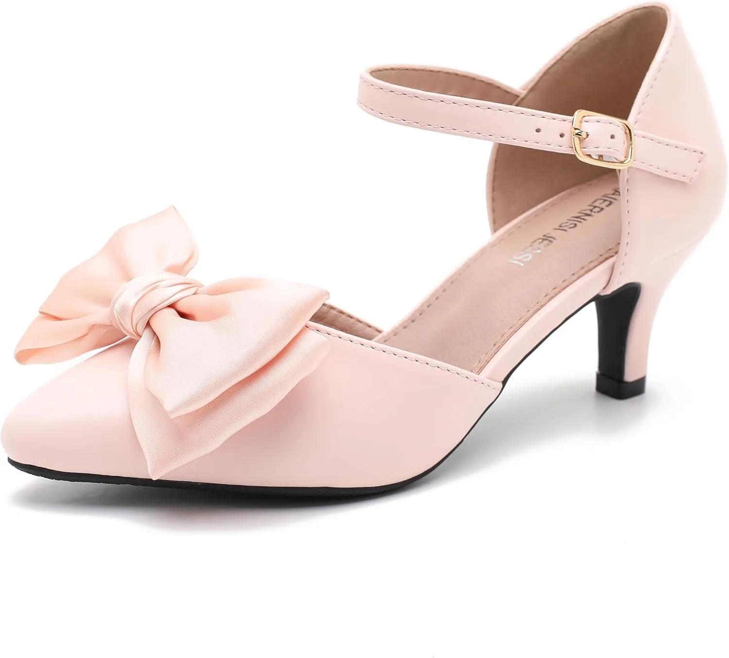MAIERNISI JESSI Women's Bow Heels Closed Toe Kitten Heel Ankle Strap Dressy Wedding Pumps