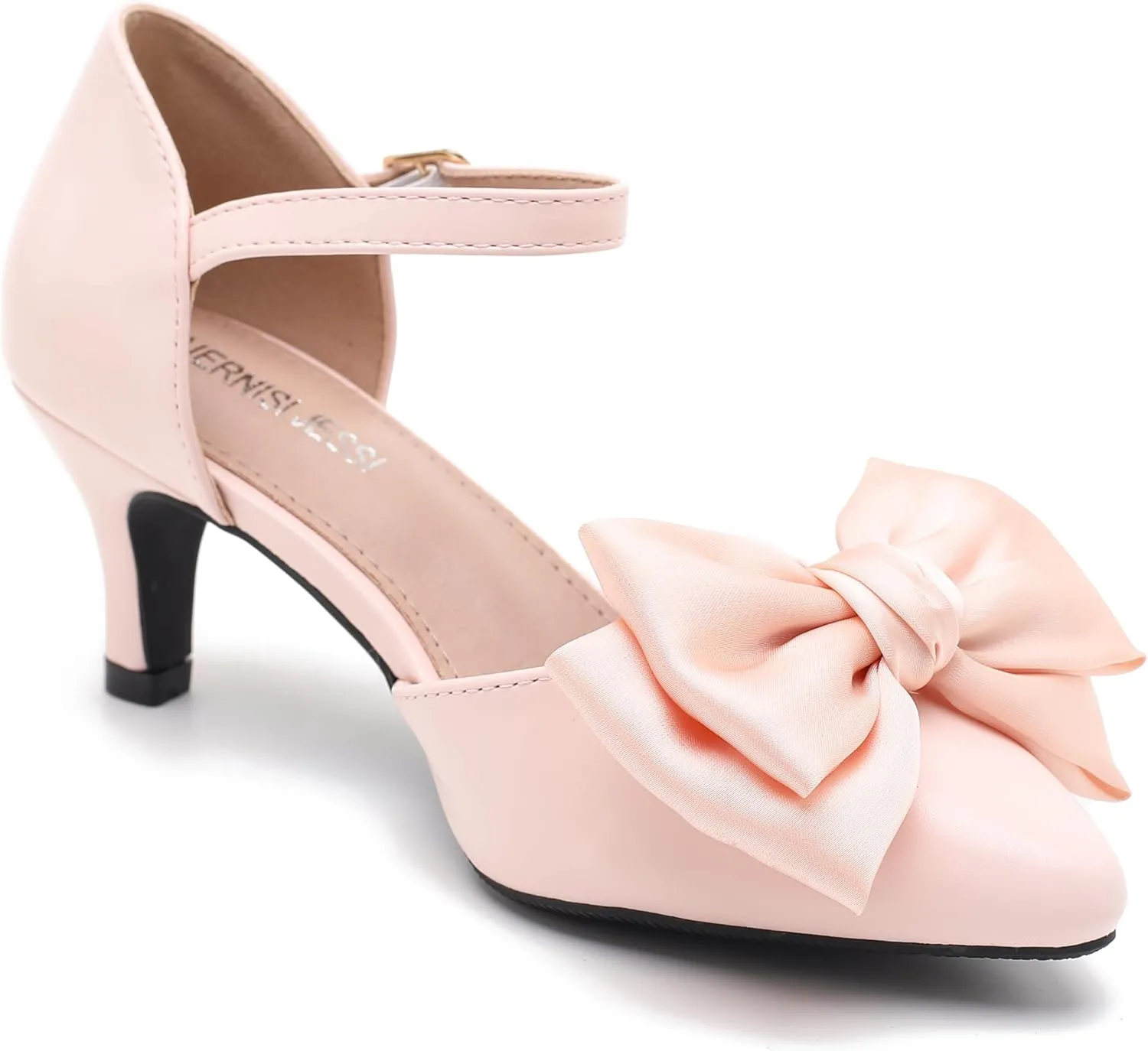 MAIERNISI JESSI Women's Bow Heels Closed Toe Kitten Heel Ankle Strap Dressy Wedding Pumps