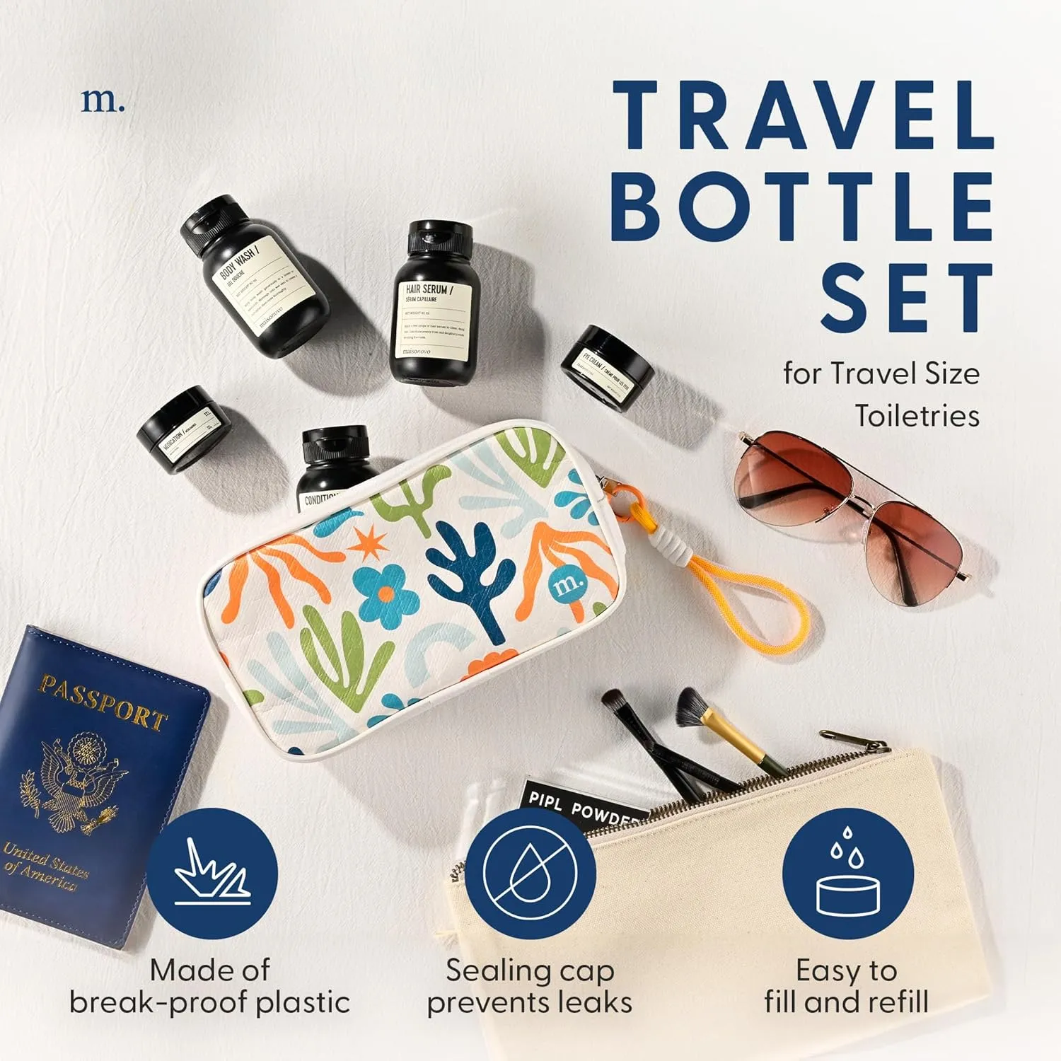 MAISONOVO Travel Bottles for Toiletries, TSA Approved, Leak Proof Refillable, Travel Size Containers and Bottles with Water Proof Toiletry Bag - Orange Pouch