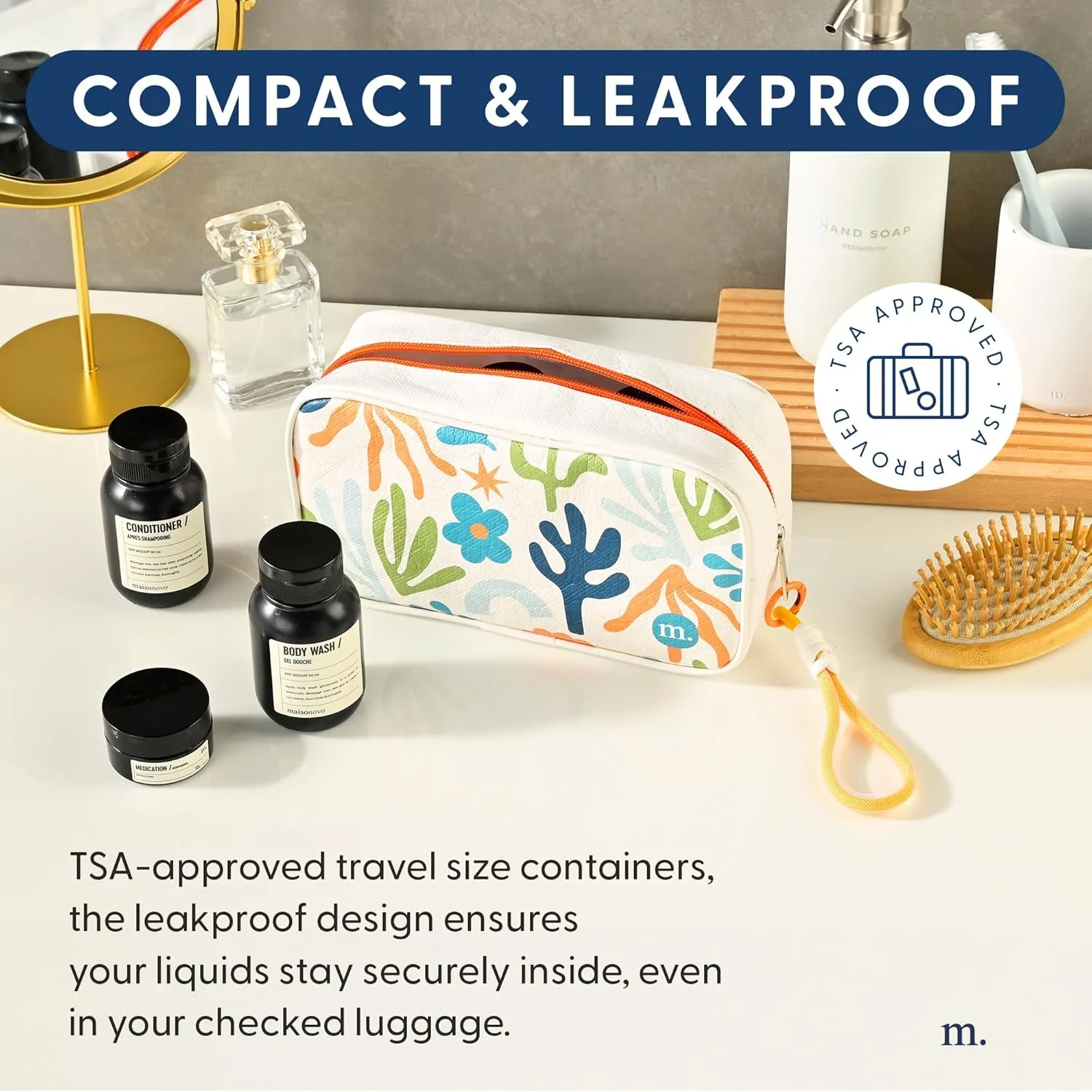 MAISONOVO Travel Bottles for Toiletries, TSA Approved, Leak Proof Refillable, Travel Size Containers and Bottles with Water Proof Toiletry Bag - Orange Pouch