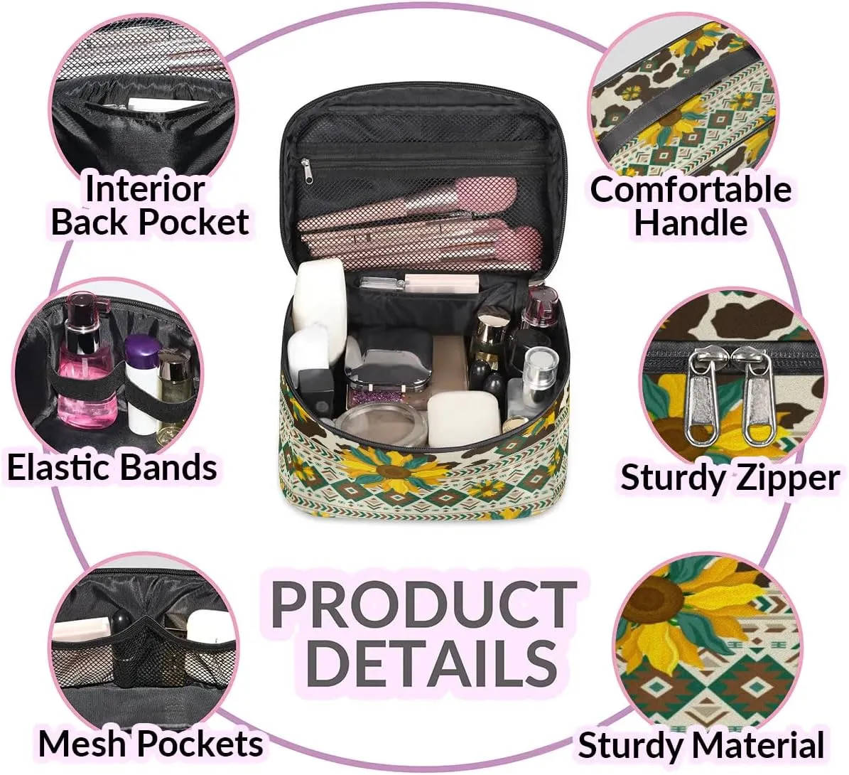 Makeup Bag,Navajo Aztec Sunflower Cosmetic Bags for Woman Girls,Portable Large Capacity Travel Makeup Case Organizer Cosmetic Case Travel Essential