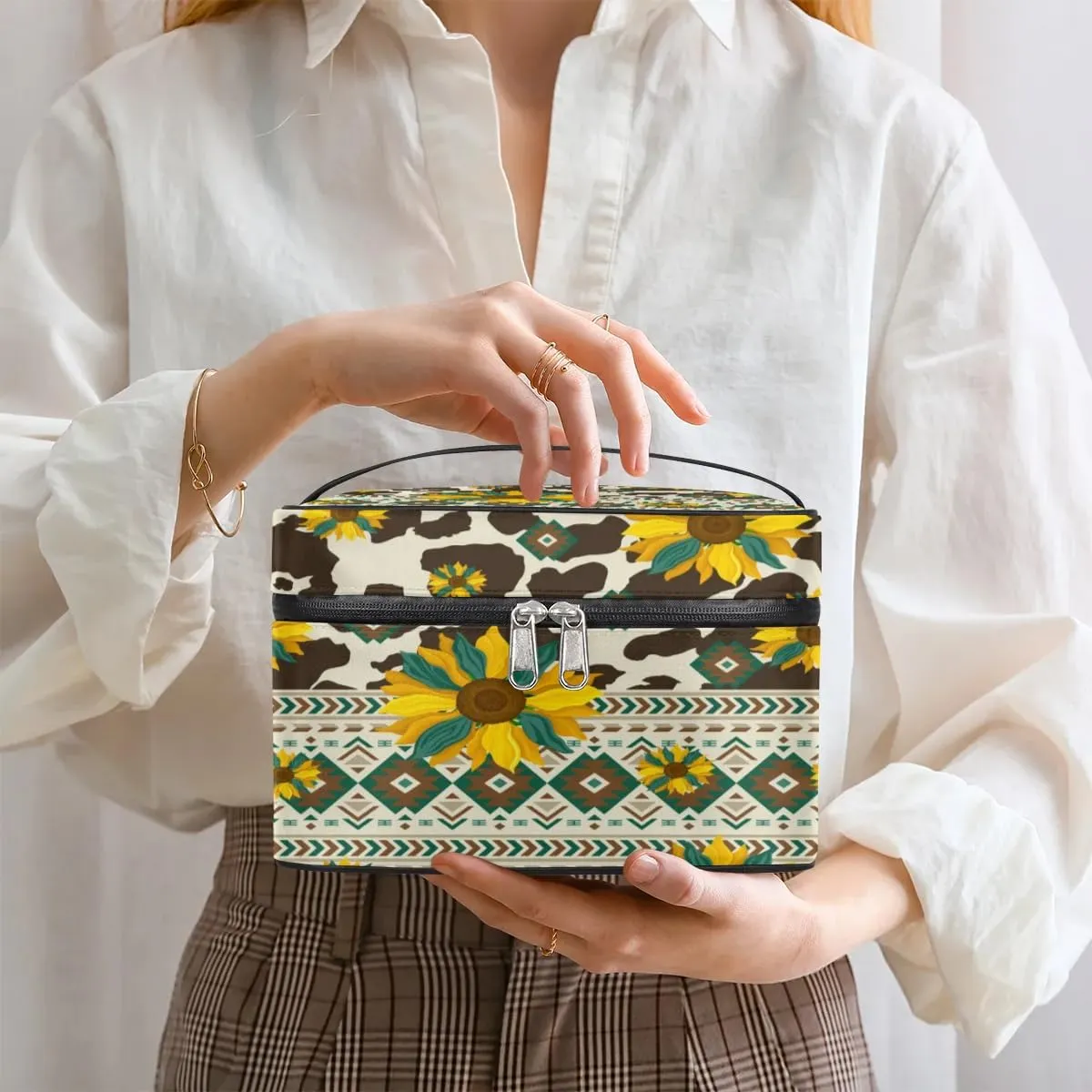 Makeup Bag,Navajo Aztec Sunflower Cosmetic Bags for Woman Girls,Portable Large Capacity Travel Makeup Case Organizer Cosmetic Case Travel Essential
