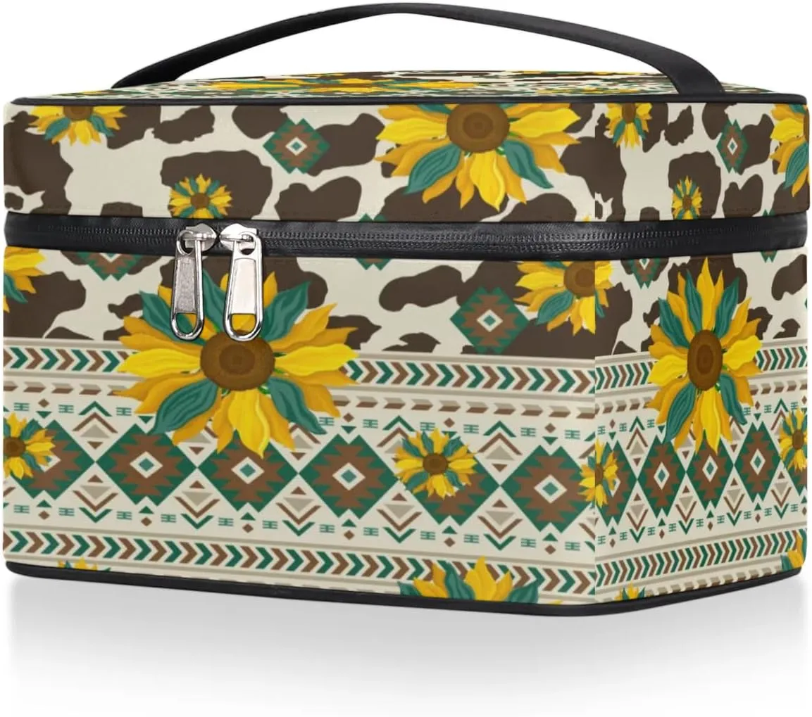 Makeup Bag,Navajo Aztec Sunflower Cosmetic Bags for Woman Girls,Portable Large Capacity Travel Makeup Case Organizer Cosmetic Case Travel Essential