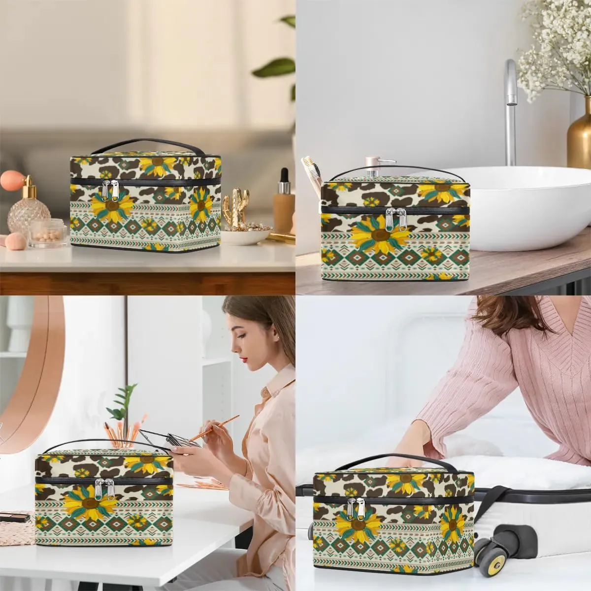 Makeup Bag,Navajo Aztec Sunflower Cosmetic Bags for Woman Girls,Portable Large Capacity Travel Makeup Case Organizer Cosmetic Case Travel Essential