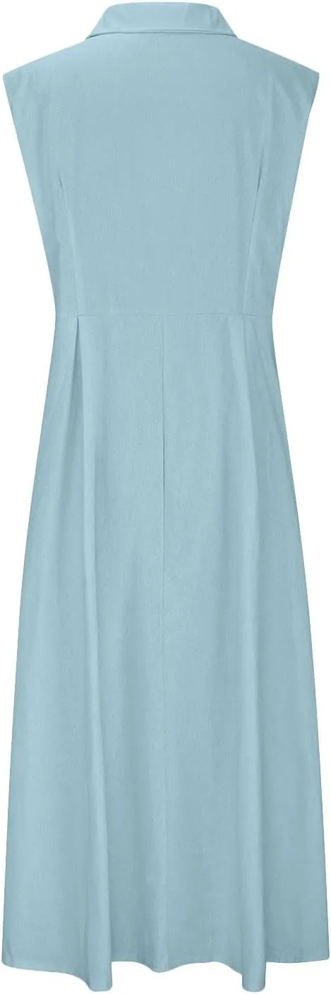 Maxi Dresses for Women 2025 Button Down Cotton Linen Dress Sleeveless Drop Waist Long Vacation Beach Sundresses