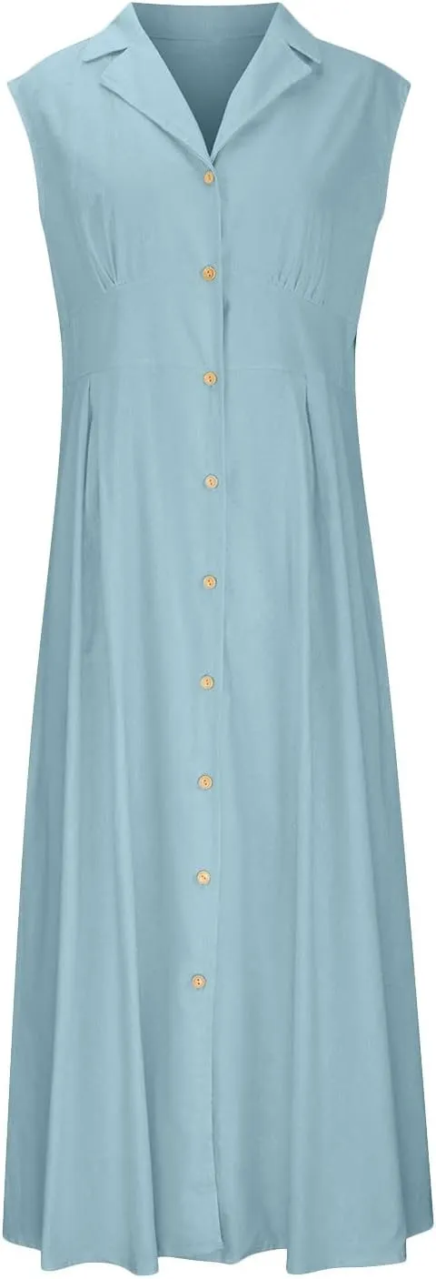 Maxi Dresses for Women 2025 Button Down Cotton Linen Dress Sleeveless Drop Waist Long Vacation Beach Sundresses
