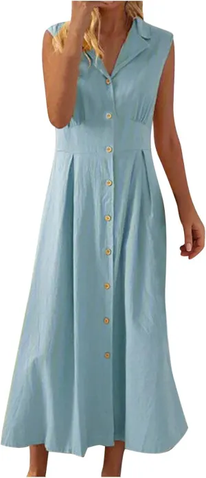 Maxi Dresses for Women 2025 Button Down Cotton Linen Dress Sleeveless Drop Waist Long Vacation Beach Sundresses