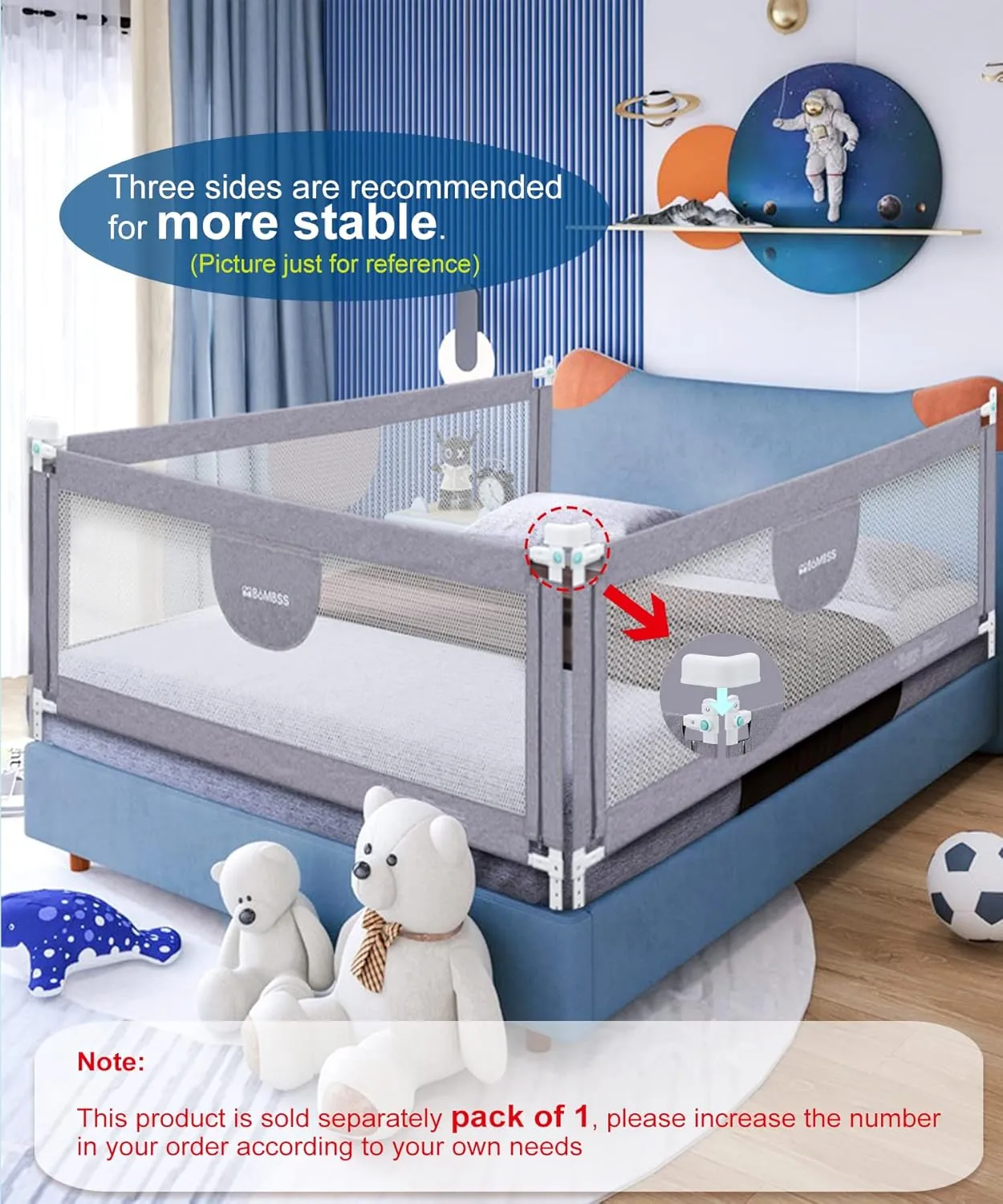 MBQMBSS 58'' Bed Guard Rail for Toddlers, Toddler Bed Rail - Fit for Wide Side of Queen Bed, Baby Bed Rail Guard, Bed Rails for Kids with Double Safety Lock & Extra Y-Shaped Reinforcement Strap