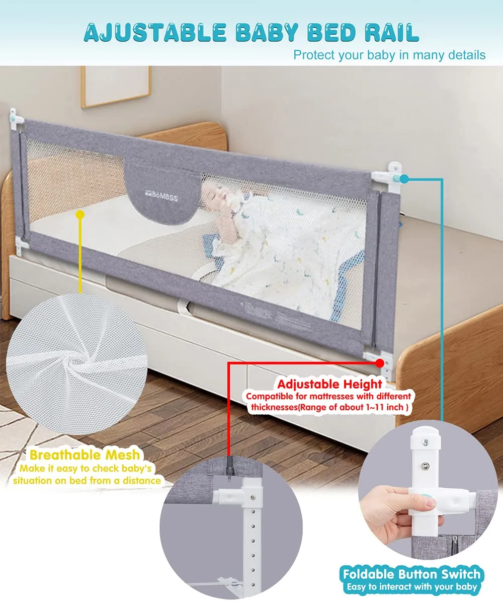MBQMBSS 58'' Bed Guard Rail for Toddlers, Toddler Bed Rail - Fit for Wide Side of Queen Bed, Baby Bed Rail Guard, Bed Rails for Kids with Double Safety Lock & Extra Y-Shaped Reinforcement Strap